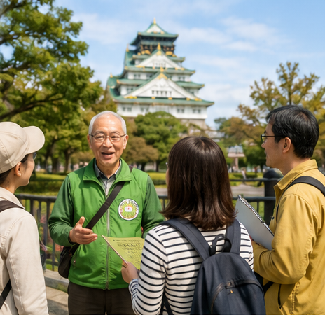 大阪城を背景に観光客を案内するアイリスのボランティア