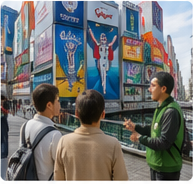 大阪の街中で観光案内をするスタッフと参加者の様子