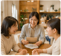 テーブルを囲んで交流するアイリスの仲間たちの様子