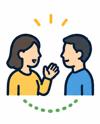 会話を楽しむ二人と、人とのつながりを表すイラスト