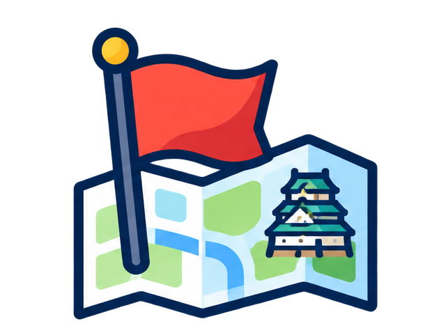 大阪城と観光案内をイメージした地図と旗のイラスト